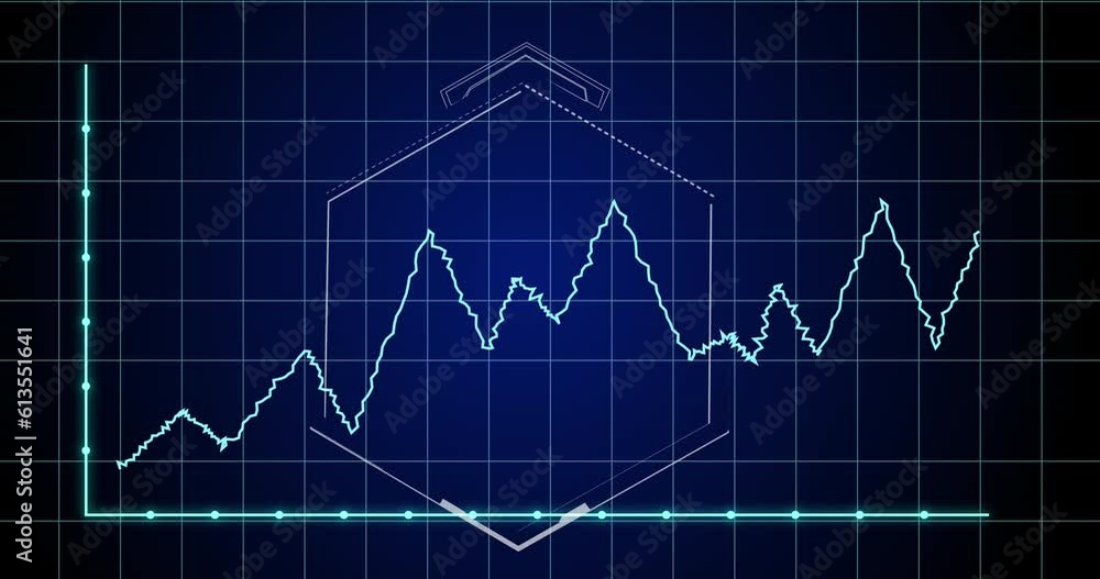 Animation of statistical data processing over grid network and hexagonal shape on blue background Animation of statistical data processing over grid network and hexagonal shape on blue background