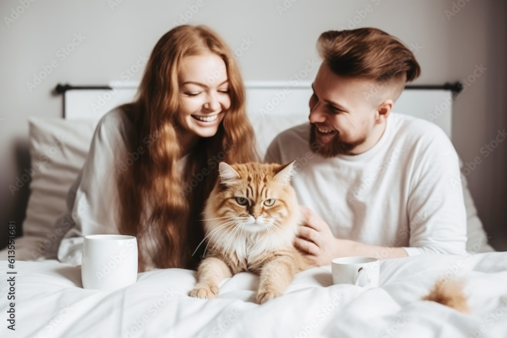 Happy smiling couple and their shaggy cat sitting on the bed, enjoying relaxed morning at home 