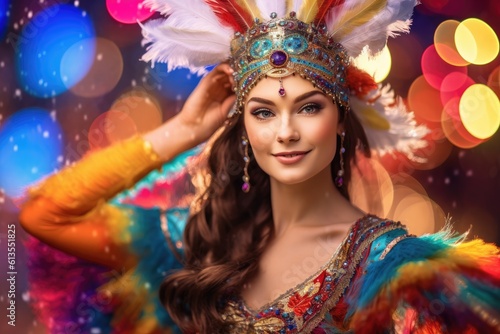 The enchanting beauty of a woman dressed in a lively and colorful New Year's costume against a vibrant backdrop in a studio setting. Generative AI