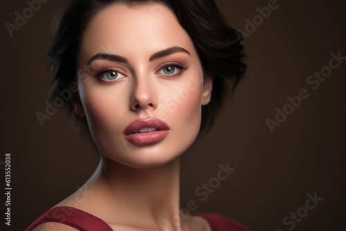 Portrait shot of a woman with flawless skin and a perfectly applied lipstick. Generative AI