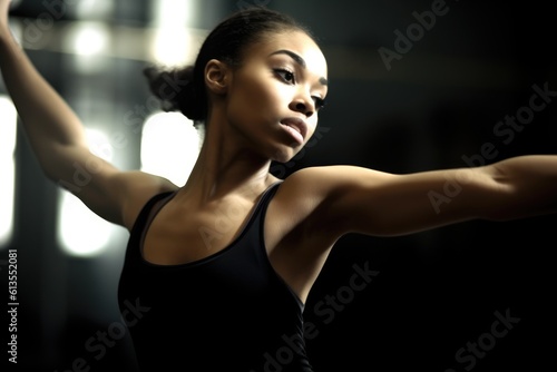 The grace and artistry of a female athlete during her dance practice at the gym. Generative AI