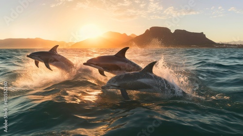 Dolphins jumping over the water at sunset. Generative AI. © Hanna