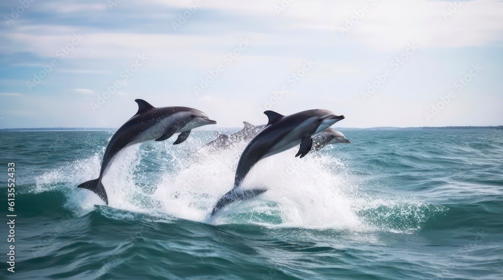Fototapeta premium Dolphins jumping over the water. Generative AI.