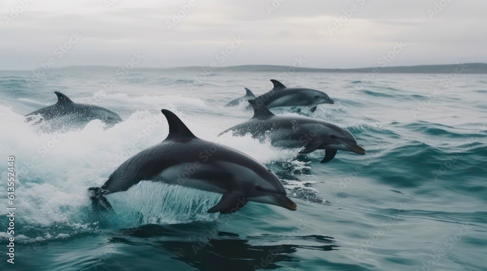 Obraz premium Dolphins jumping over the water. Generative AI.