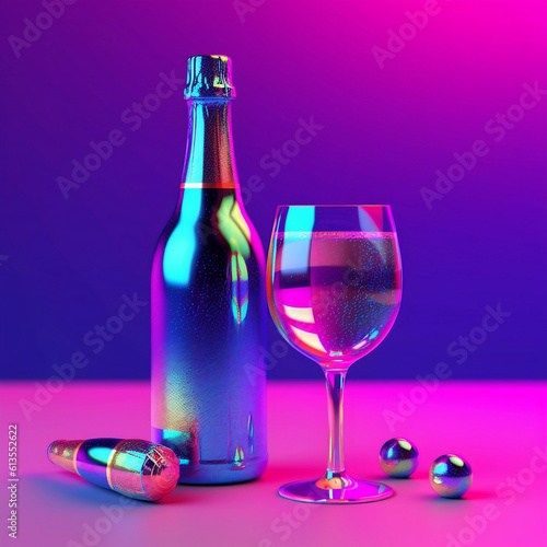 Party background with bottle champagne wine with glass. Colorful ultraviolet holographic neon lights. 
