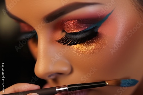 Close - up shot of a makeup artist applying a bold and dramatic winged eyeliner.  Generative AI