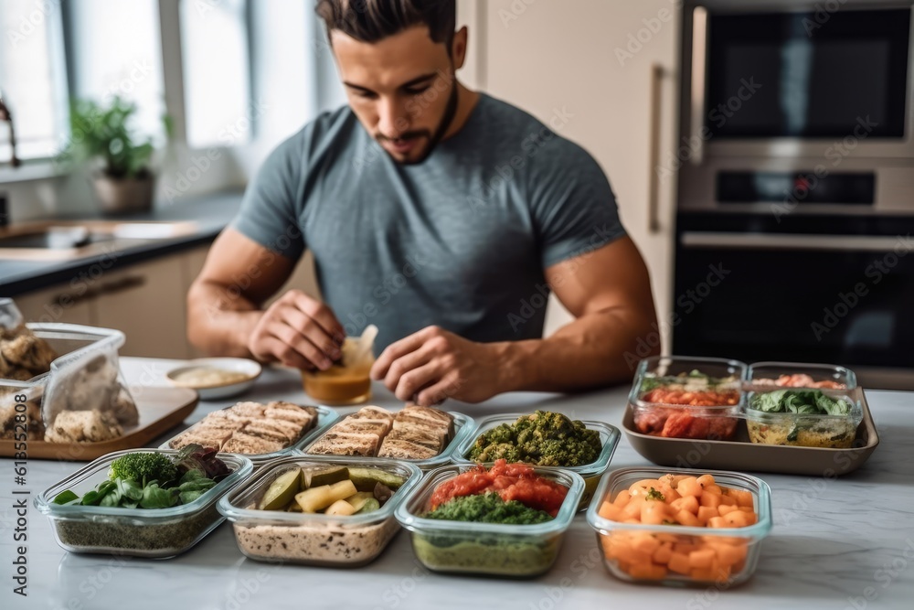 A lifestyle shot of a man enjoying a homemade meal prep with containers filled with nutritious and portioned meals. Generative AI A lifestyle shot of a man enjoying a homemade meal prep with containers filled with nutritious and portioned meals. Generative AI
