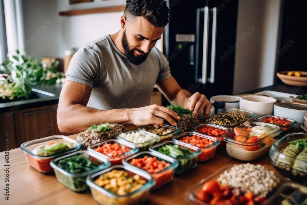 A lifestyle shot of a man enjoying a homemade meal prep with containers filled with nutritious and portioned meals. Generative AI A lifestyle shot of a man enjoying a homemade meal prep with containers filled with nutritious and portioned meals. Generative AI