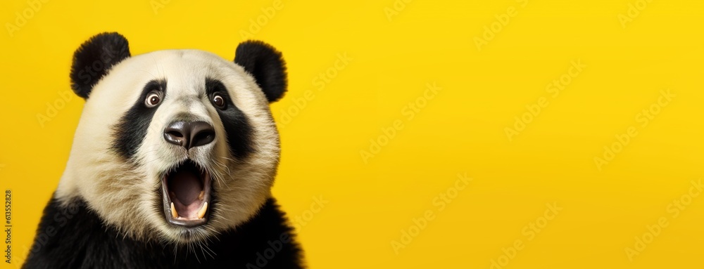 Panda looking surprised, reacting amazed, impressed, standing over yellow background - obrazy, fototapety, plakaty 