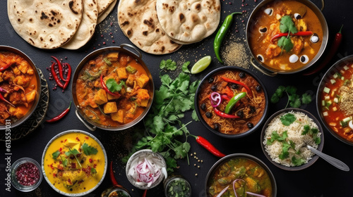 Assorted indian food on black background, Indian cuisine.