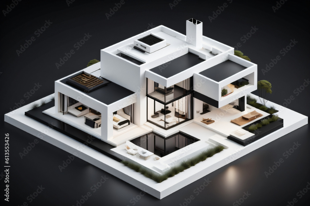 3D Miniature modern Luxury House on Black background