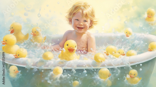 Generative AI image of a giggling young child immersed in a warm bath, encircled by a fleet of adorable rubber duckies, splashing playfully amidst bubbles, a moment of pure delight and innocence.