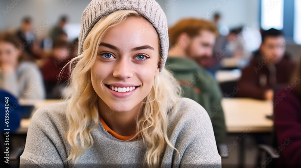 young adult woman or teenager sitting in classroom with many students or pupils, university or professional education and fictional, caucasian blonde wearing cap and sweater young adult woman or teenager sitting in classroom with many students or pupils, university or professional education and fictional, caucasian blonde wearing cap and sweater