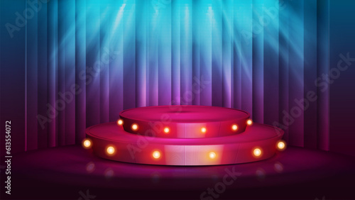 Cartoon red round podium with bulbs lights and spotlight on background with curtain