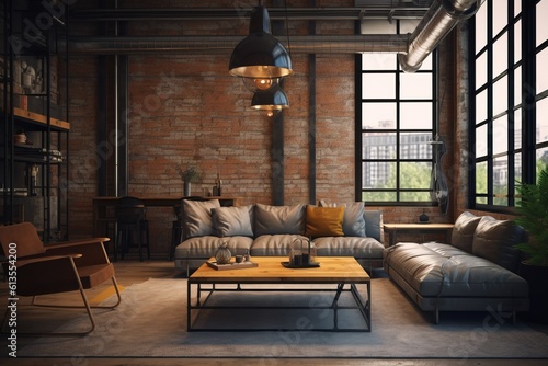Interior of a trendy urban loft with high ceilings, exposed brick walls, and industrial-inspired decor, combining modern aesthetics with an edgy urban vibe. Generative Ai