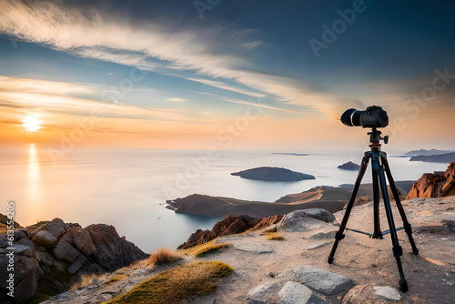 Tripod set up in a scenic location 