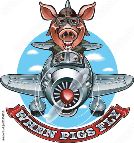 Pig in pilot outfit, flying airplane and banner with text "when pigs fly" 