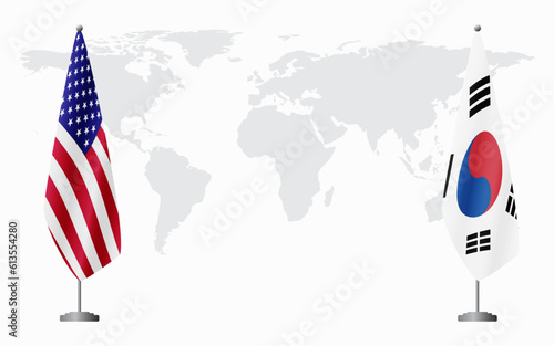 Photography United States and South Korea flags for official meeting