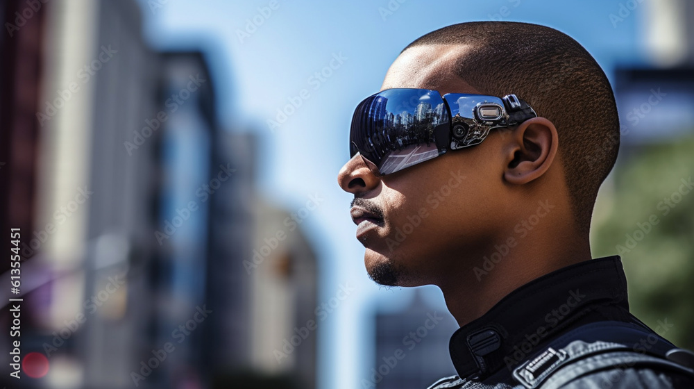 a young black adult man wearing VR glasses outside in a big city, jacket and sunglasses, virtual reality, digital life and reality combined a young black adult man wearing VR glasses outside in a big city, jacket and sunglasses, virtual reality, digital life and reality combined