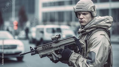 an man, with a rifle or wea...