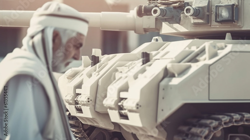 Arabian fictional country, a tank rolls on the street, war zone or civil war, fictional
