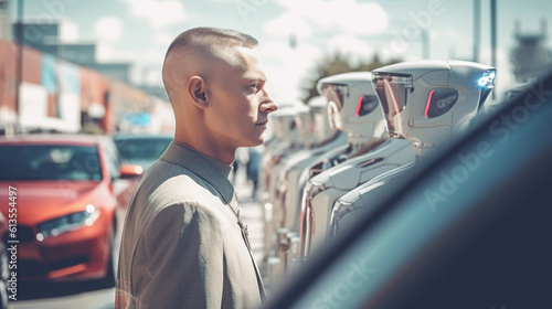 a man inspecting a robot ar...