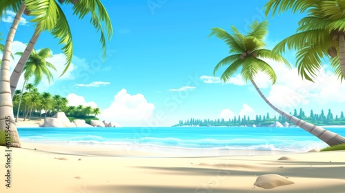 Illustration image  beach scene with crystal-clear turquoise waters  powdery white sand  palm leaves  sparkling waves and blue sunny sky  with copy space  Generative AI illustration