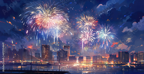 Colorful explosion of fireworks over the night city landscape. Holiday or New Year concept. Generative AI illustration.