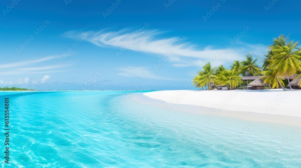 Illustration image, beach scene with crystal-clear turquoise waters, powdery white sand, palm leaves, sparkling waves and blue sunny sky, with copy space, Generative AI illustration Illustration image, beach scene with crystal-clear turquoise waters, powdery white sand, palm leaves, sparkling waves and blue sunny sky, with copy space, Generative AI illustration