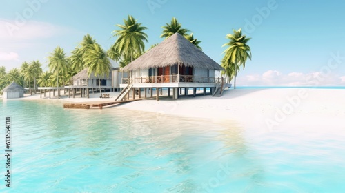 Illustration image, beach scene with crystal-clear turquoise waters, powdery white sand, palm leaves, sparkling waves and blue sunny sky, with copy space, Generative AI illustration