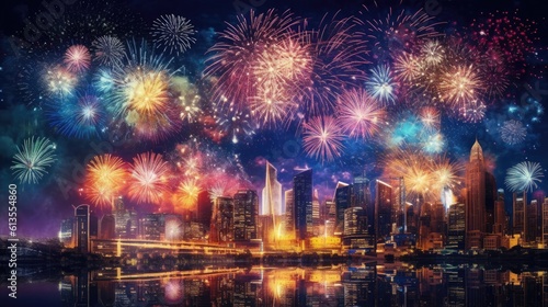 Colorful explosion of fireworks over the night city landscape. Holiday or New Year concept. Generative AI illustration.