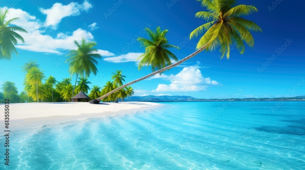 Illustration image, beach scene with crystal-clear turquoise waters, powdery white sand, palm leaves, sparkling waves and blue sunny sky, with copy space, Generative AI illustration