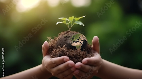 Hands holding a ball of earth with a growing sprout renewable energy circular economy concept. Sustainable Development Goals. Protection of the planet of the environment, green business, ESG
