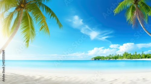 Illustration image, beach scene with crystal-clear turquoise waters, powdery white sand, palm leaves, sparkling waves and blue sunny sky, with copy space, Generative AI illustration © AITTHIPHONG