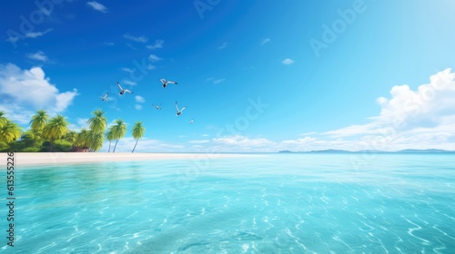 Illustration image  beach scene with crystal-clear turquoise waters  powdery white sand  palm leaves  sparkling waves and blue sunny sky  with copy space  Generative AI illustration