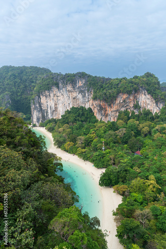 Aerial view of Hong Island blue lagoon and white beach view point 360 degree from top observation deck of the hill in Krabi, Thailand is famous attractions.tourists's destination place