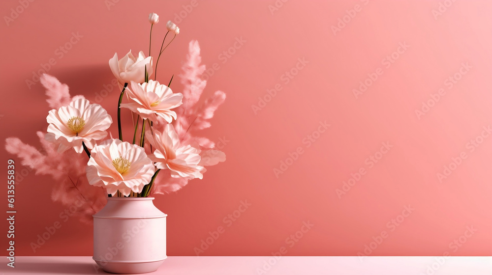 Pink pastel flower in the vase on the desk 4k wallpaper
