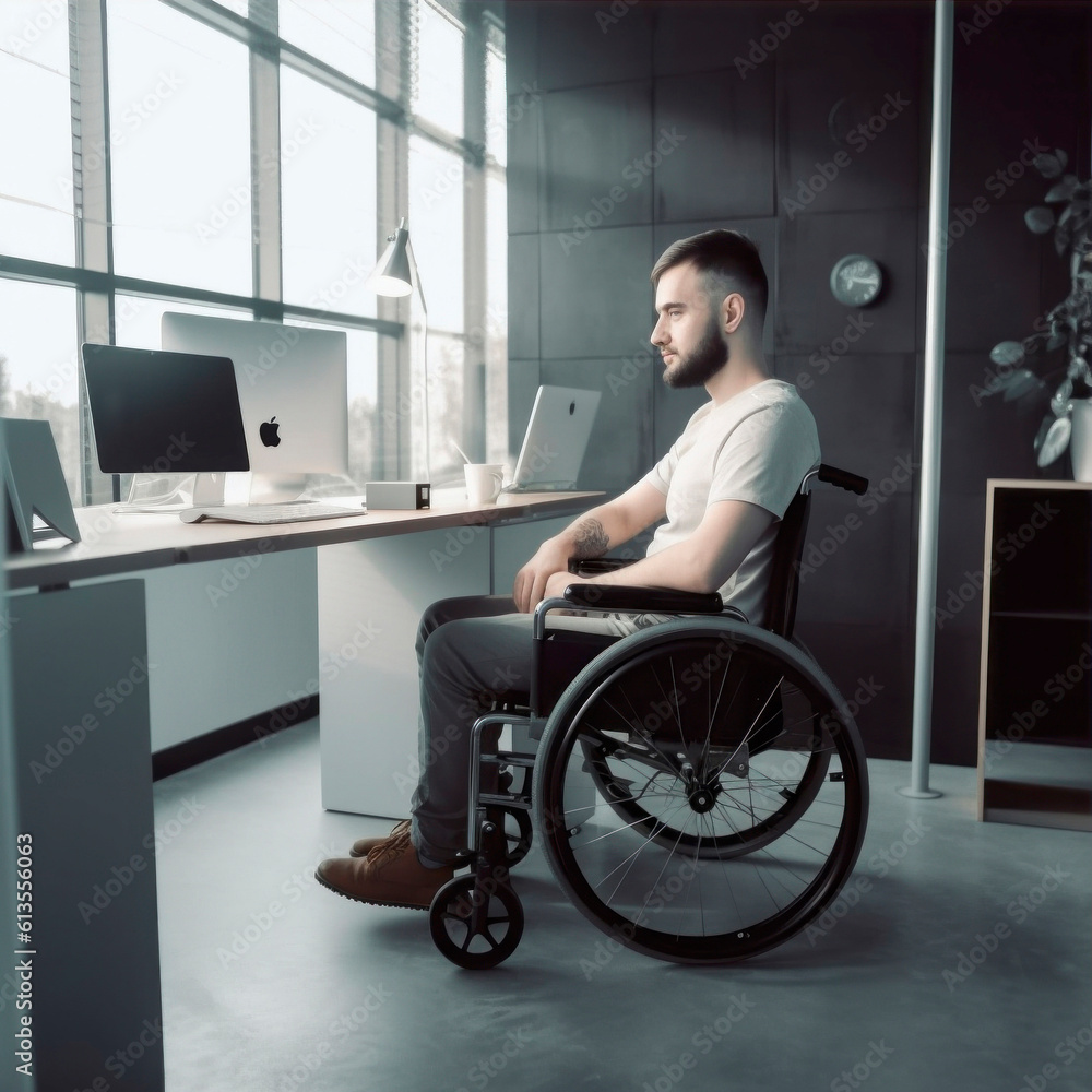 man working on desk in wheelchair, generative ai man working on desk in wheelchair, generative ai