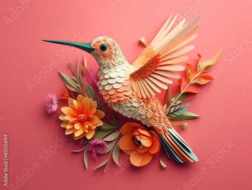 Paper sculpture of a hummingbird with flowers in pastel colors, 3d, Generative AI. photo