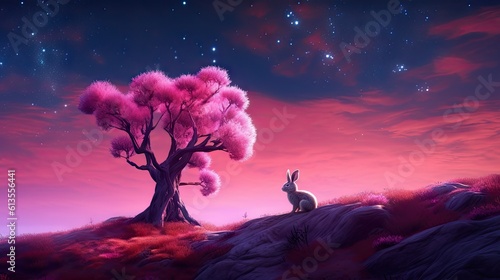 Playful Bunny Enjoying the Company of a Pink Tree on a Serene Hill Generative AI