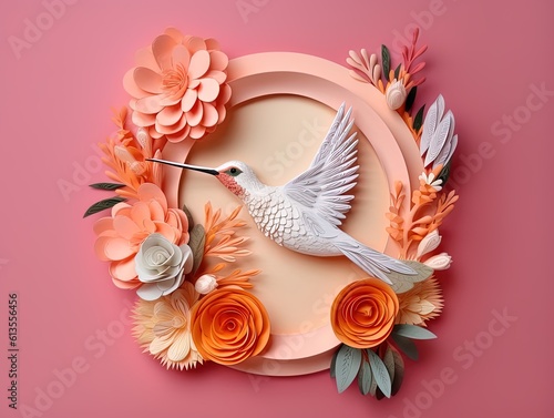 Paper sculpture of a hummingbird with flowers in pastel colors, 3d, Generative AI. photo