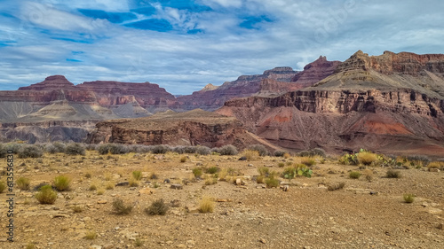 Panoramic aerial view from Bright Angel hiking trail on the way to Plateau Point at South Rim of Grand Canyon National Park, Arizona, USA. Unique rock formations of Dana Butte and Tower of set