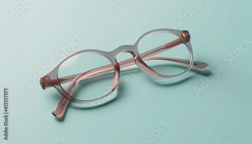 Frame of glasses of round shape on on a pastel turquoise background top view. Generative AI