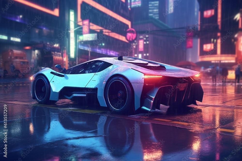 Cyberpunk night city in the rain with futuristic car and soft fog, ray tracing reflections Generative AI