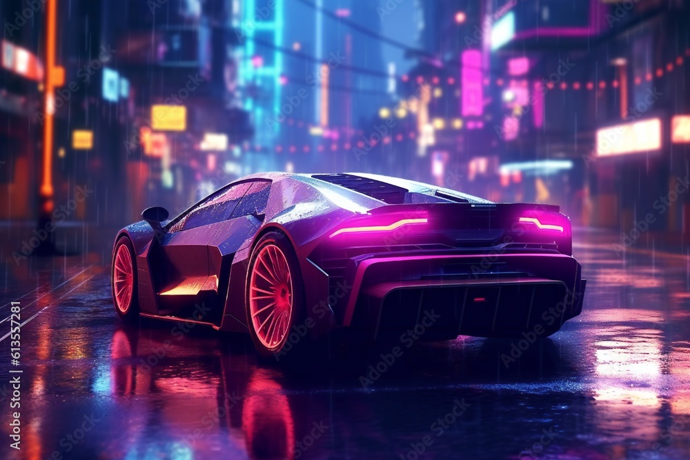 Cyberpunk night city in the rain with futuristic car and soft fog, ray tracing reflections Generative AI