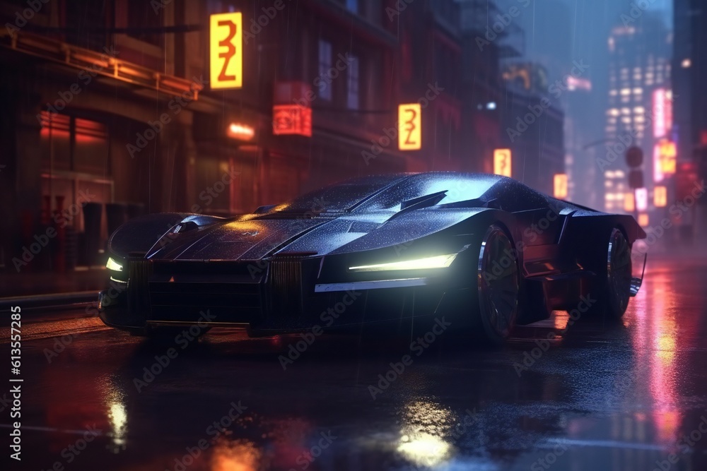 Cyberpunk night city in the rain with futuristic car and soft fog, ray tracing reflections Generative AI