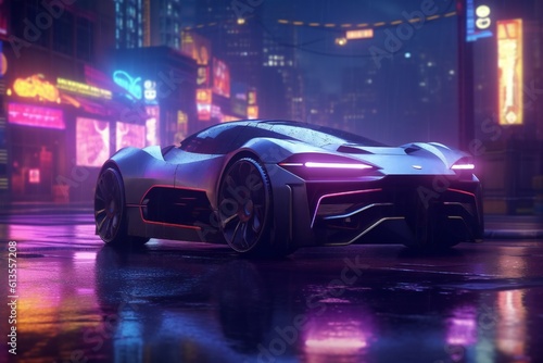 Cyberpunk night city in the rain with futuristic car and soft fog  ray tracing reflections Generative AI