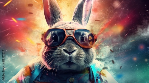 Astronaut Bunny with Explosive Colors in the Background Generative AI