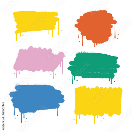 Colorful Stencil urban graffiti spray set isolated on white background. Vector sprayed paint shapes with smudges and drops. Grafitti template with splashes with flowing lines of paint.