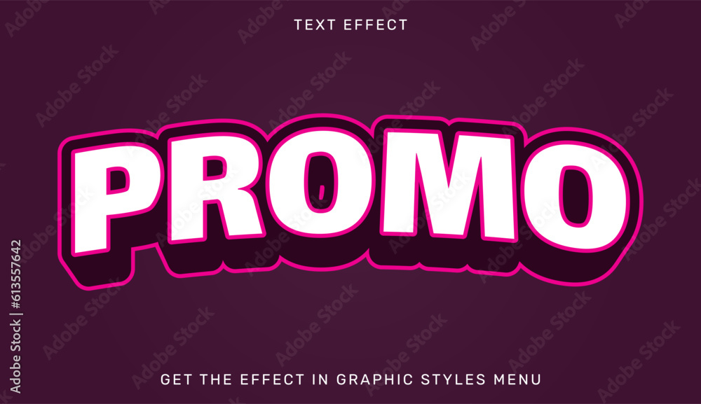 Promo editable text effect in 3d style with pink and white color isolated on dark background. Suitable for brand or business logo